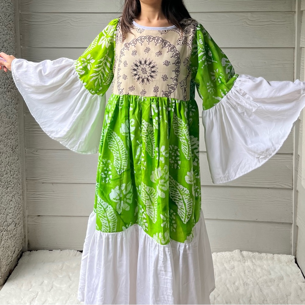Handmade Wide Sleeves Maxi Bandana Dress SKU 11091 Green White